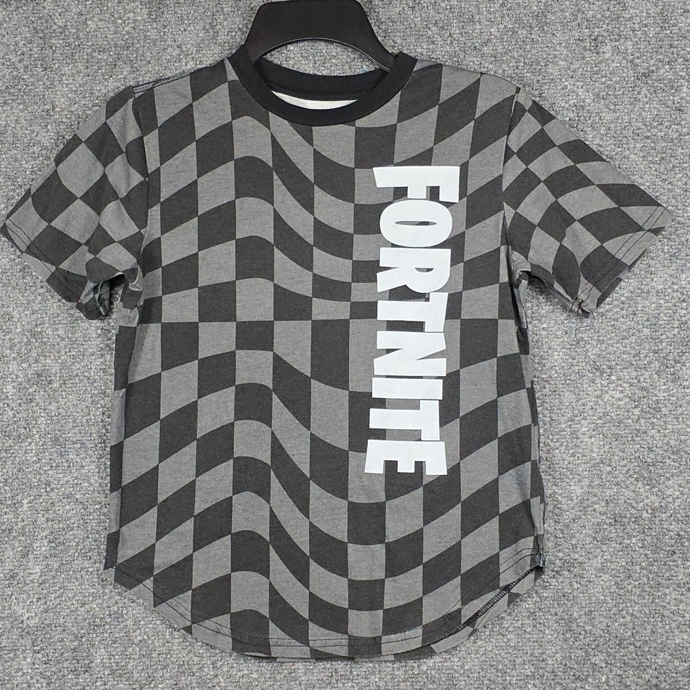 Fortnite Boys Size L 10/12 T-Shirt Grey Black Warped Checkerboard Graphic Tee